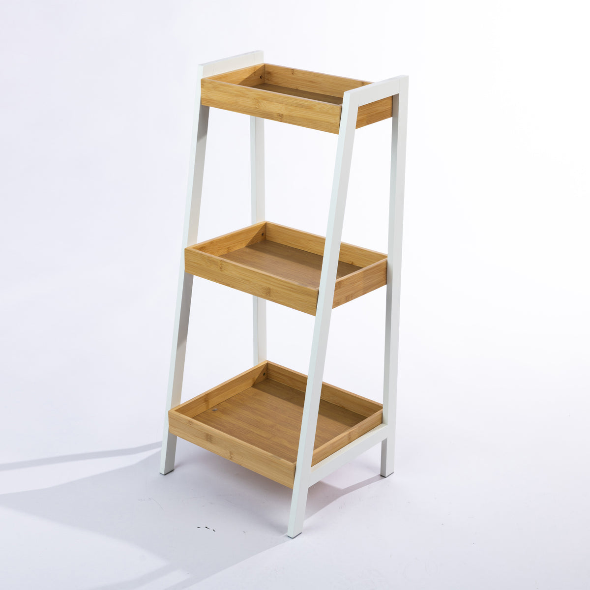 Solace Patten 3 Tier Shelf in White Natural, featuring three open bamboo storage shelves with raised edges and a white angled frame.