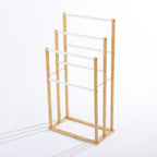 Solace Patten 6 Bar Towel Rail in Natural White, featuring a freestanding bamboo frame with six white horizontal rails arranged at three different heights.