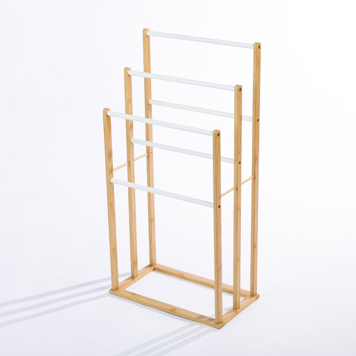 Solace Patten 6 Bar Towel Rail in Natural White, featuring a freestanding bamboo frame with six white horizontal rails arranged at three different heights.