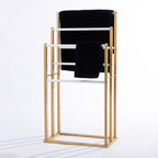 Solace Patten 6 Bar Towel Rail in Natural White, featuring a natural bamboo frame with white rails and black towels draped over the bars.