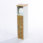 Solace Patten Toilet Roll Holder in White Natural, featuring a bamboo top, white cabinet, open toilet roll storage compartment and slatted bamboo door.