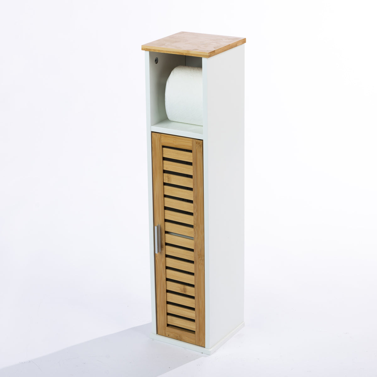 Solace Patten Toilet Roll Holder in White Natural, featuring a bamboo top, white cabinet, open toilet roll storage compartment and slatted bamboo door.