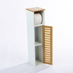 Solace Patten Toilet Roll Holder in White Natural with the slatted bamboo door open, revealing two internal storage compartments beneath the open toilet roll holder.