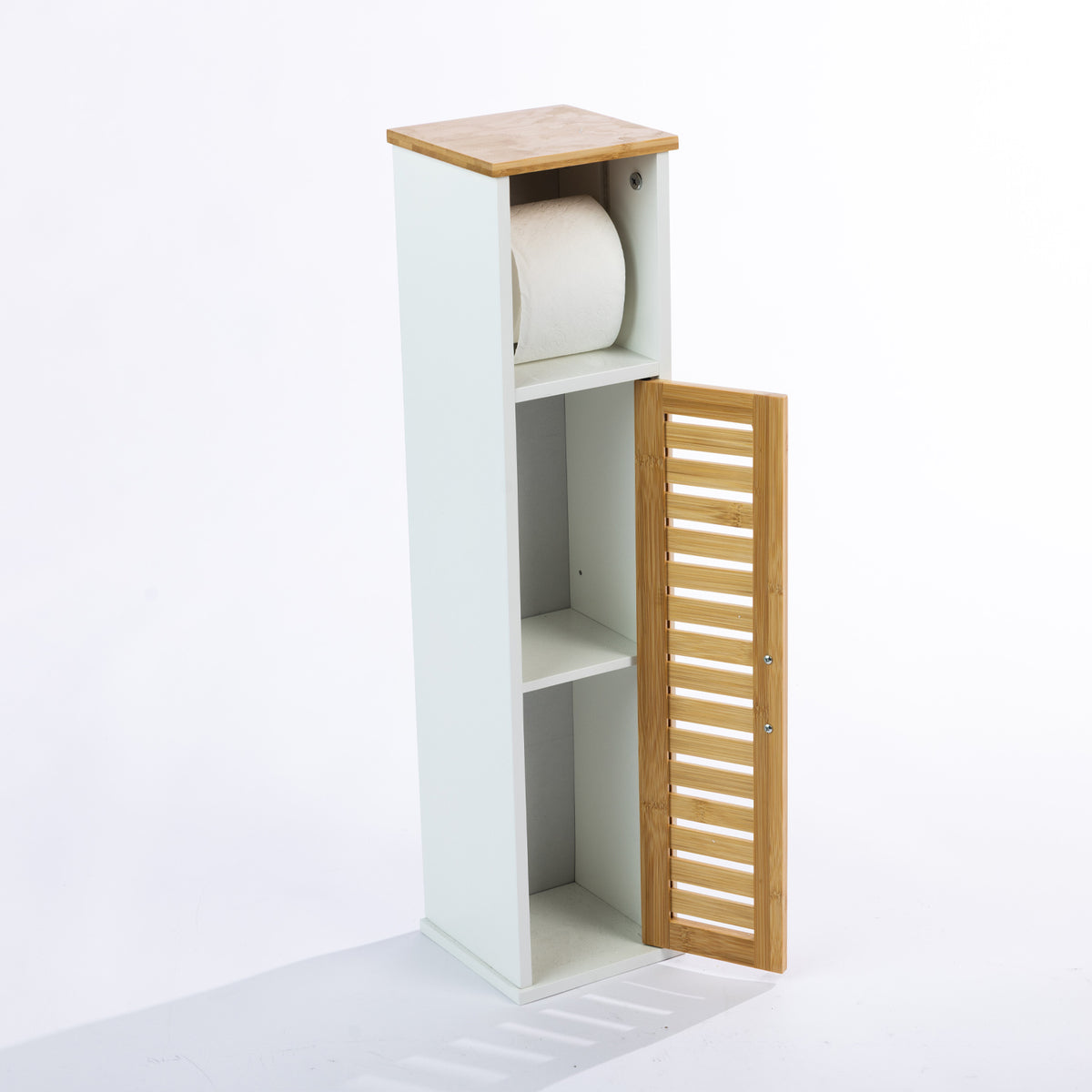 Solace Patten Toilet Roll Holder in White Natural with the slatted bamboo door open, revealing two internal storage compartments beneath the open toilet roll holder.