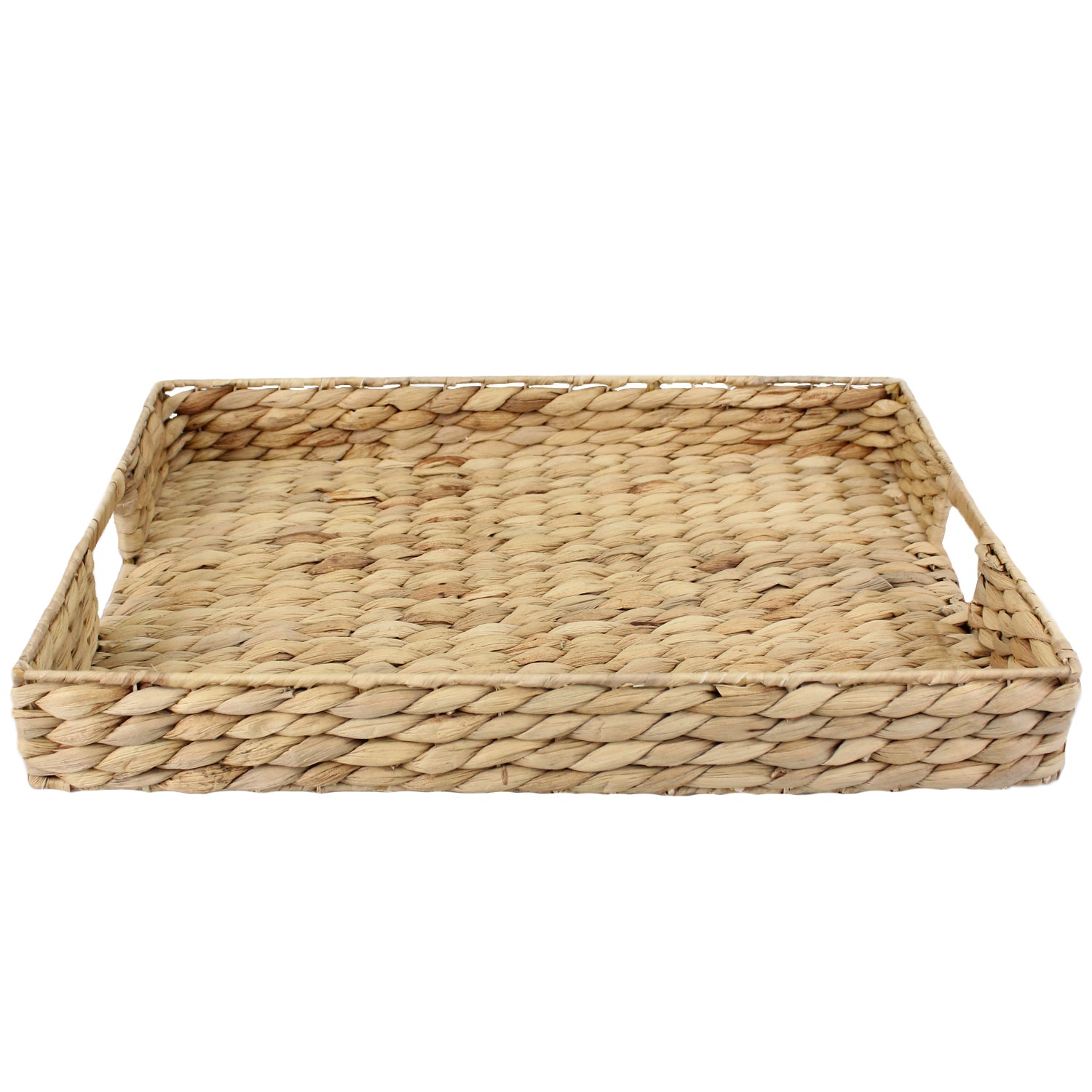Rectangular natural water hyacinth woven tray with integrated side handles and a braided textured finish.