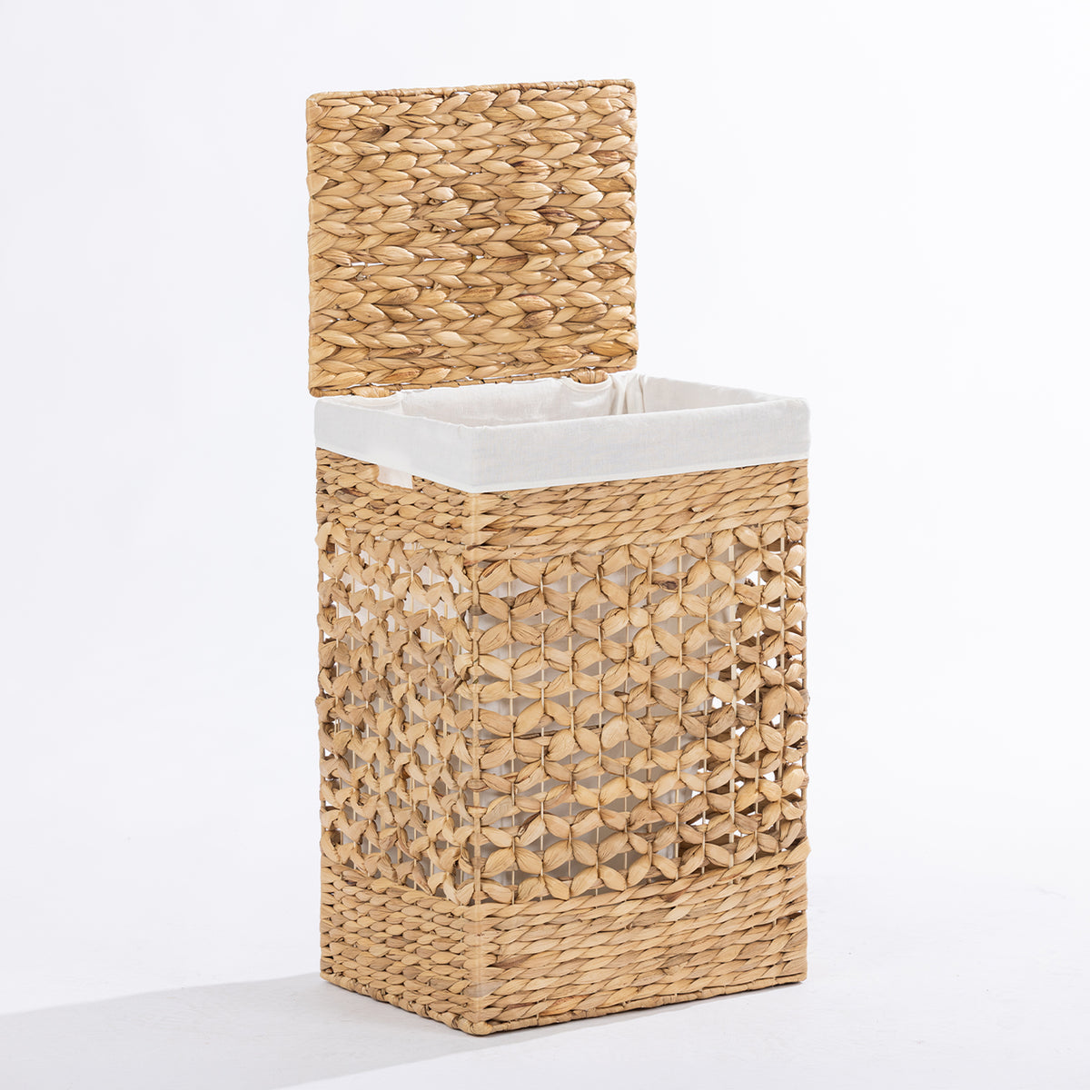 Natural woven laundry hamper with a hinged lid and white fabric lining, shown open against a white background.