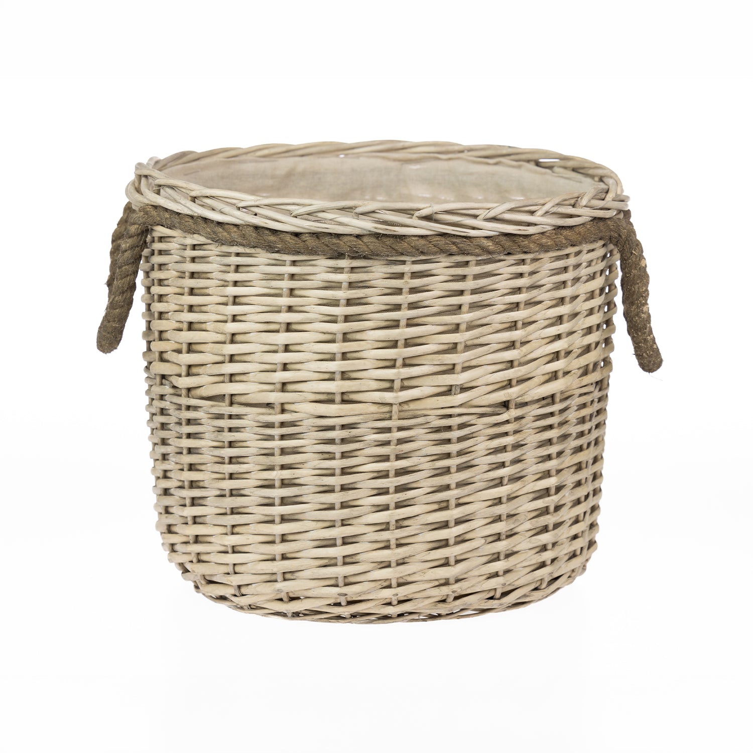 Large round wicker storage basket in a natural woven finish with rope handles and a fabric-lined interior, displayed against a light grey background.