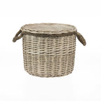 Small round wicker storage basket in a natural woven finish with rope handles and a fabric-lined interior, displayed against a light grey background.