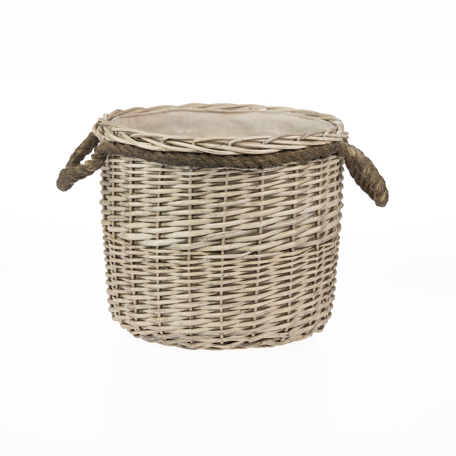 Small round wicker storage basket in a natural woven finish with rope handles and a fabric-lined interior, displayed against a light grey background.