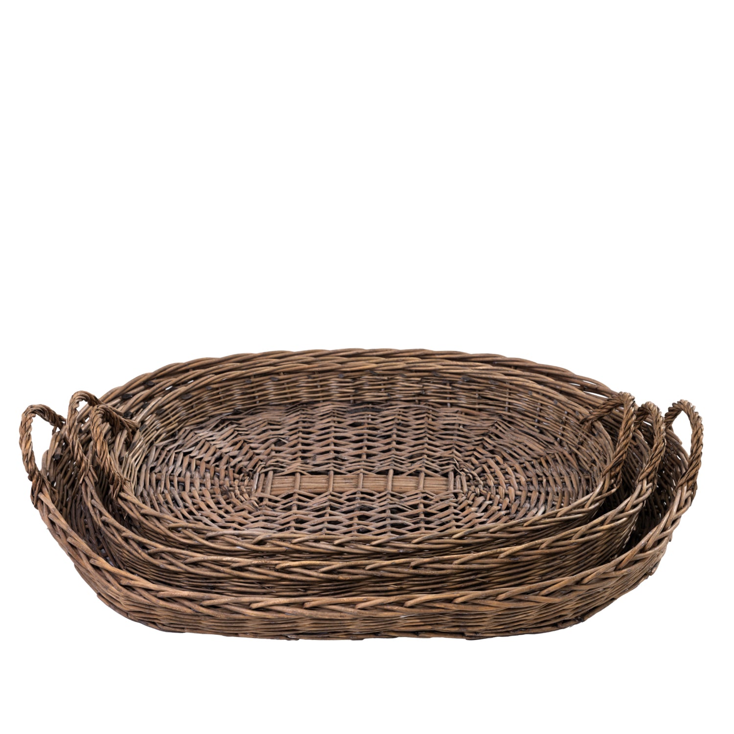 Design Republique Haven Tray Large in Natural, shown nested with coordinating woven trays in different sizes.