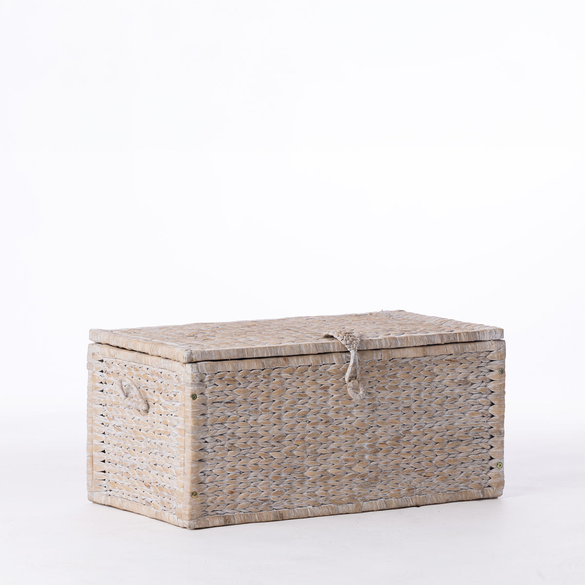 Cove Ruthie Basket Large in White Wash shown from an angled side view with woven texture, lid and carry handles.