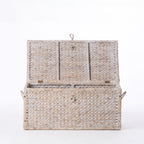 Cove Ruthie Basket Large in White Wash shown open, revealing the spacious interior and hinged lid.