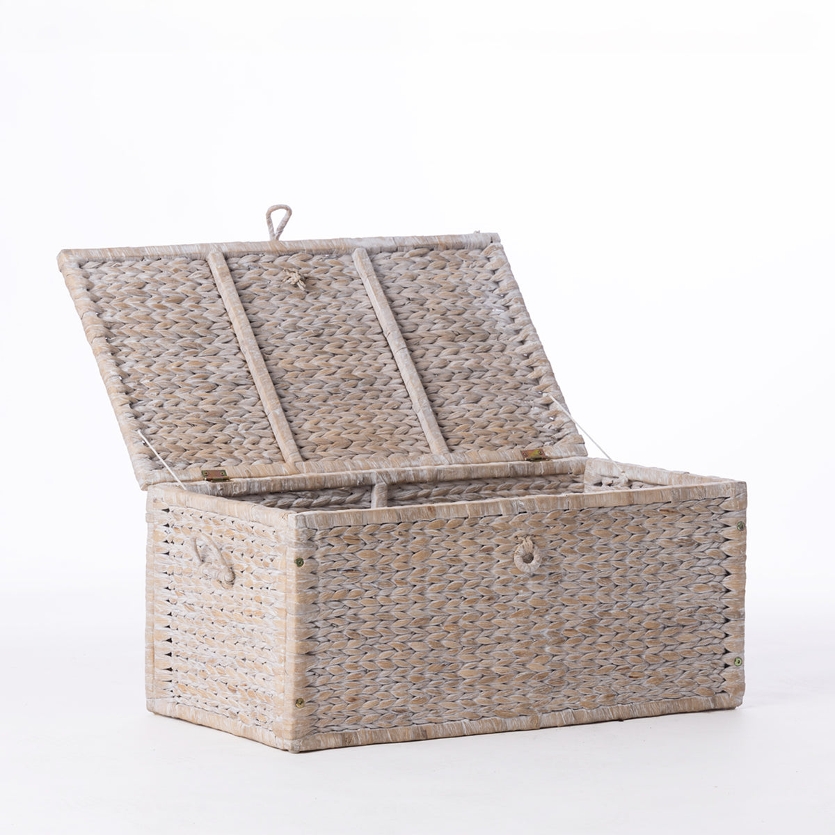 Cove Ruthie Basket Large in White Wash shown open from an angled view, highlighting the woven finish and side handles.
