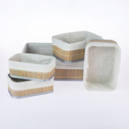 Home Co. Ashton 5 Piece Bamboo Basket Set in Grey, featuring five rectangular bamboo storage baskets with grey trim and soft fabric linings, arranged together on a white background.
