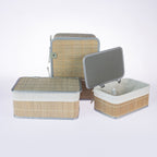 Home Co. Ashton Bamboo Storage Basket Set with Lids in Grey, featuring rectangular natural bamboo baskets with grey trim, cream fabric linings and matching lids, displayed open and closed on a white background.