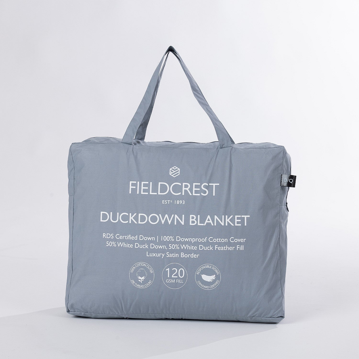 A premium feather and down blanket neatly packed in a soft carry bag, featuring a luxurious cotton cover, satin border, and plush duck down fill for lightweight warmth.