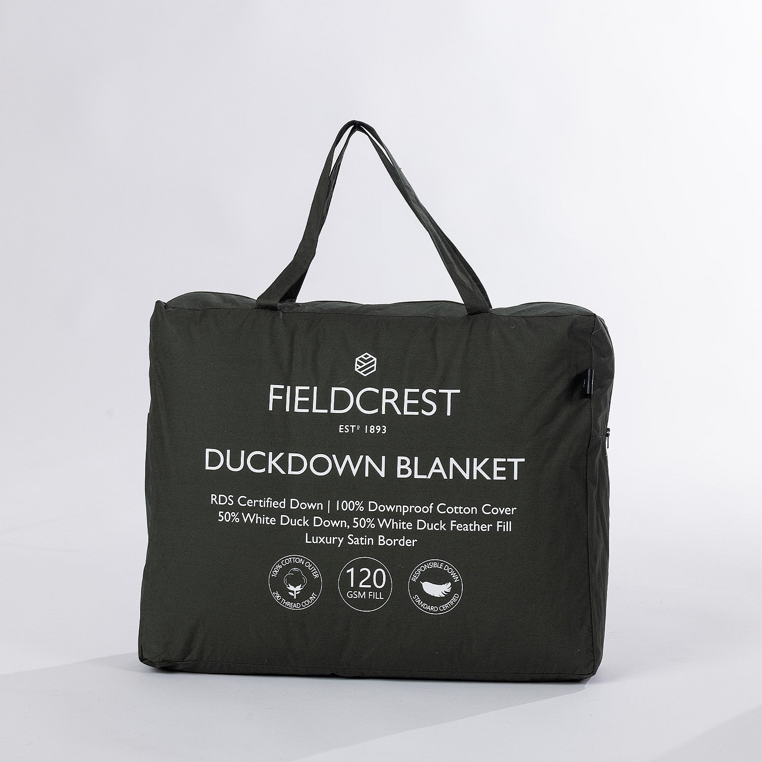 A premium feather and down blanket neatly packed in a soft carry bag, featuring a luxurious cotton cover, satin border, and plush duck down fill for lightweight warmth.