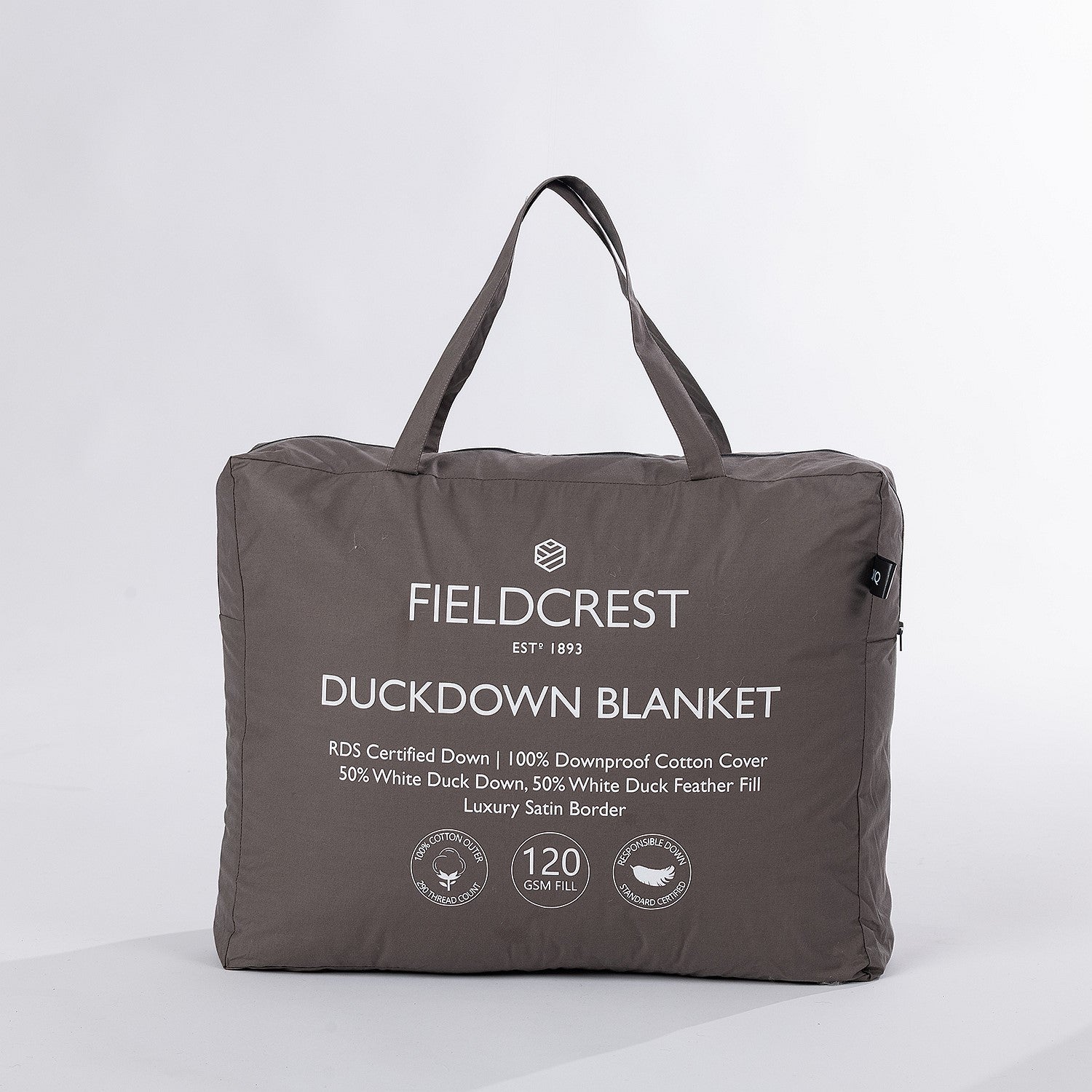 A premium feather and down blanket neatly packed in a soft carry bag, featuring a luxurious cotton cover, satin border, and plush duck down fill for lightweight warmth.