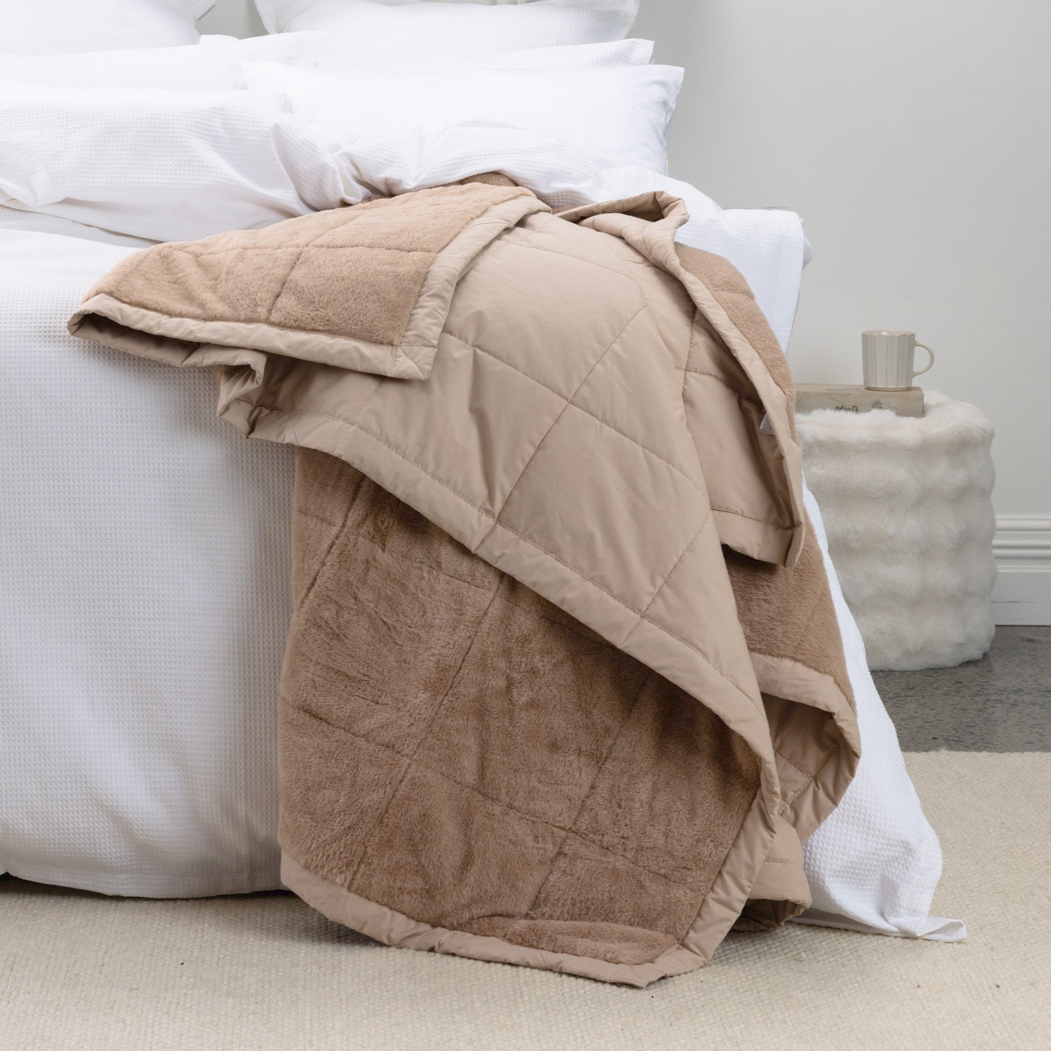 Linen Cotton/Faux Fur Blanket on styled bed