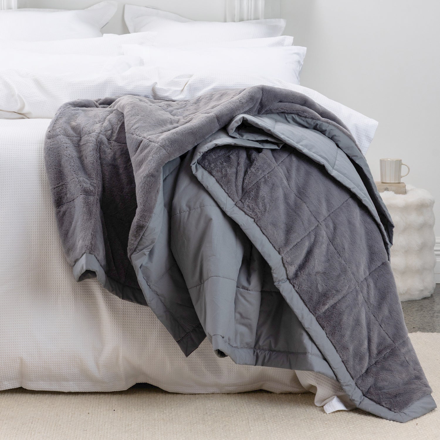 Smoke Cotton/Faux Fur Blanket on styled bed