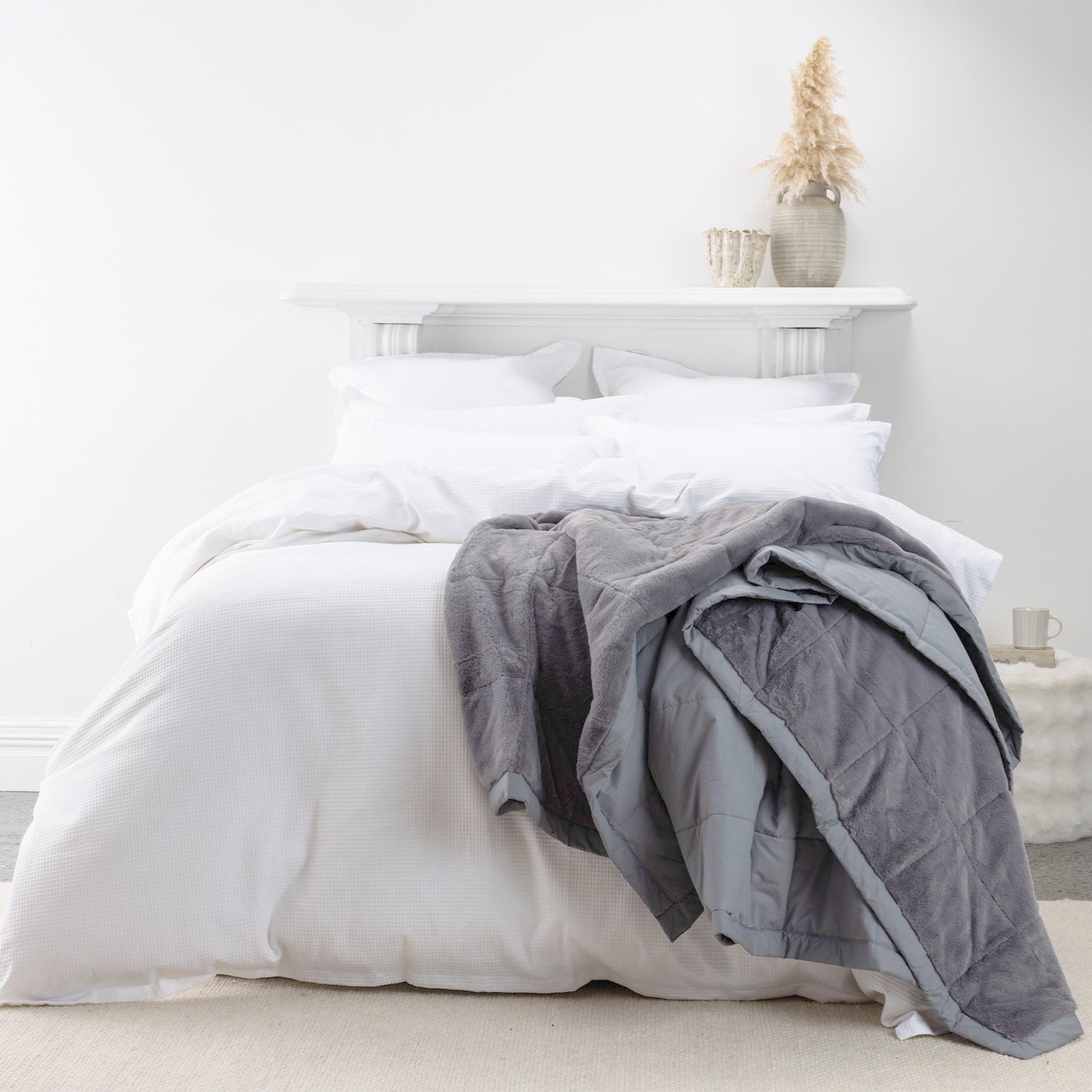 Smoke Cotton/Faux Fur Blanket on styled bed