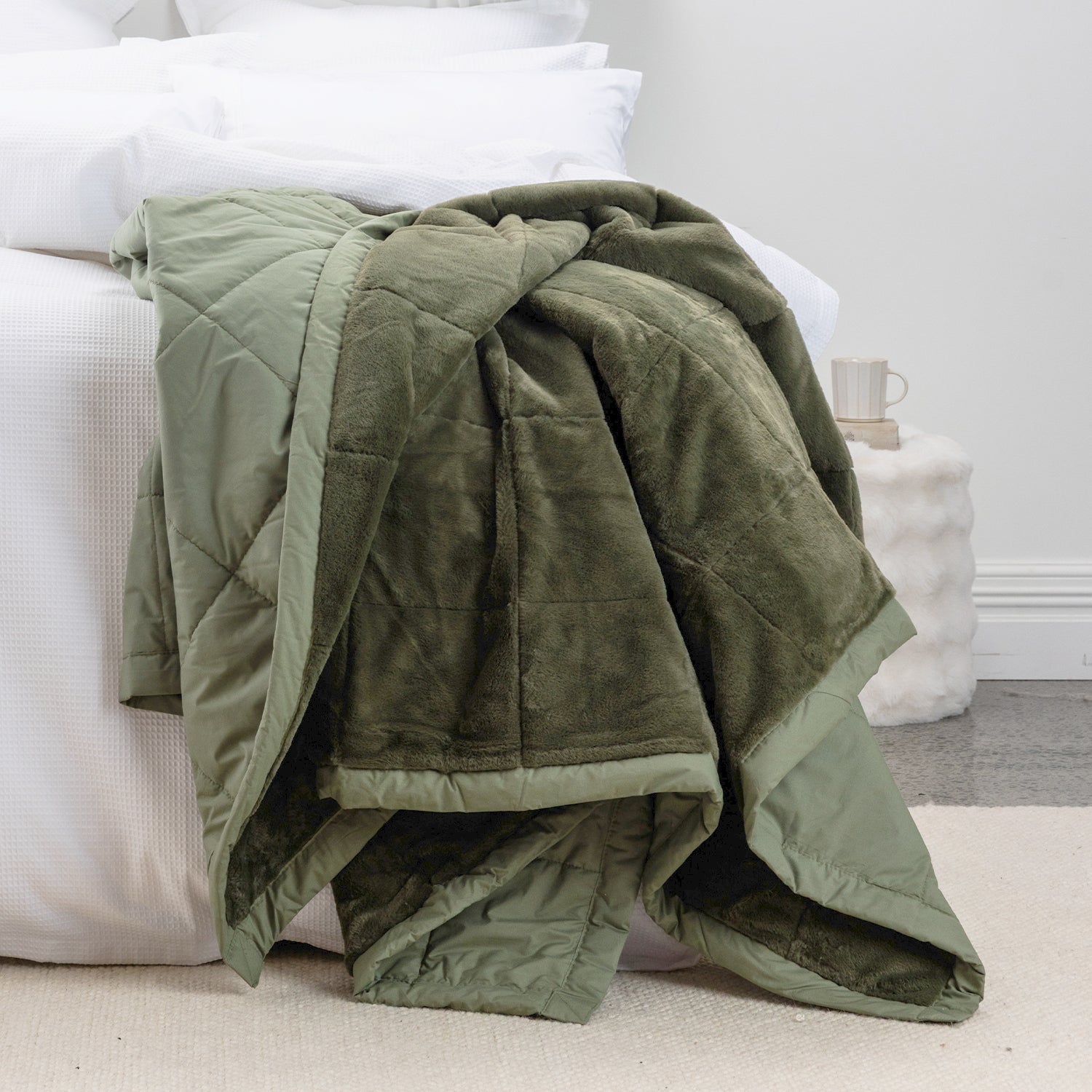 Spruce Cotton/Faux Fur Blanket on styled bed