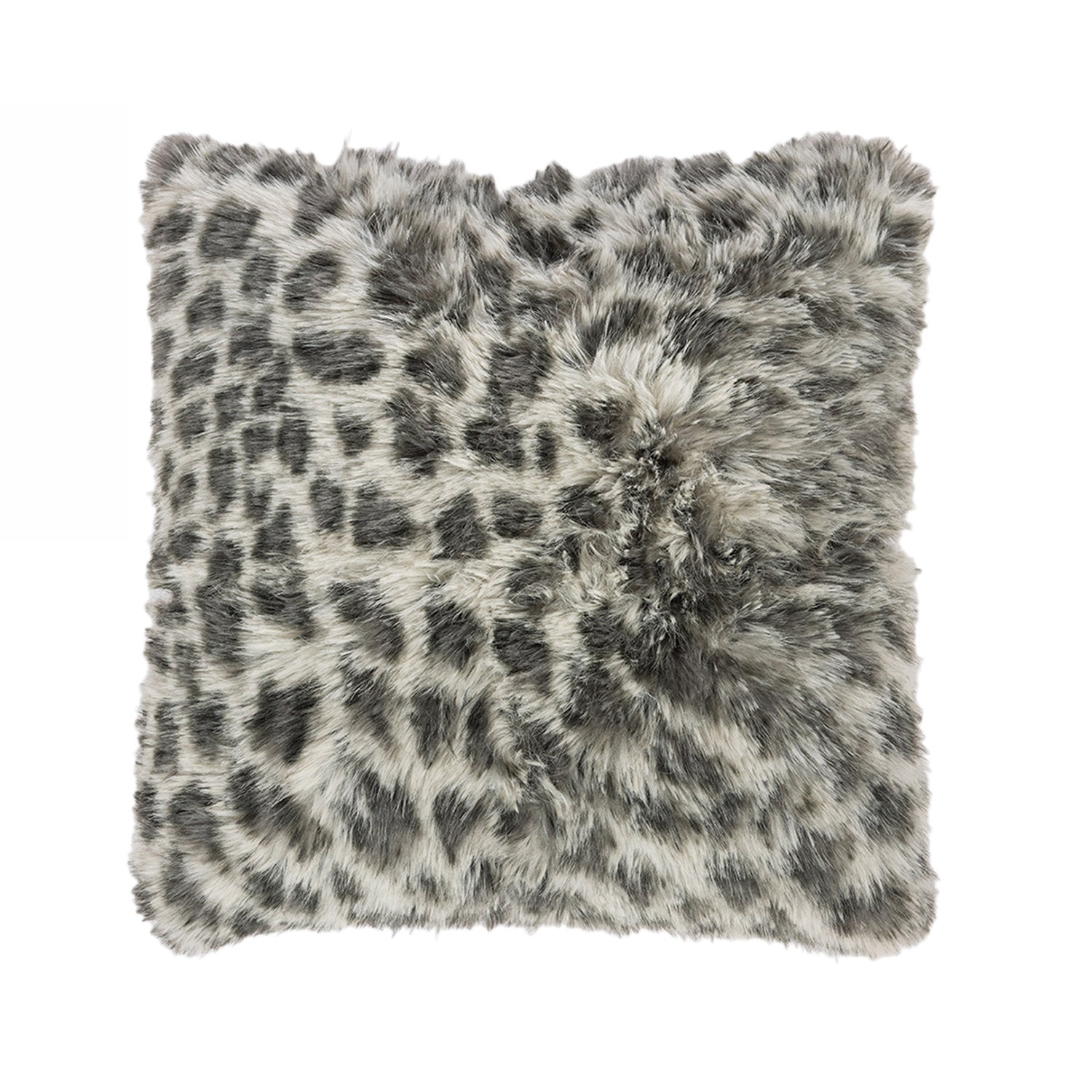 Grey faux fur cushion on a white background