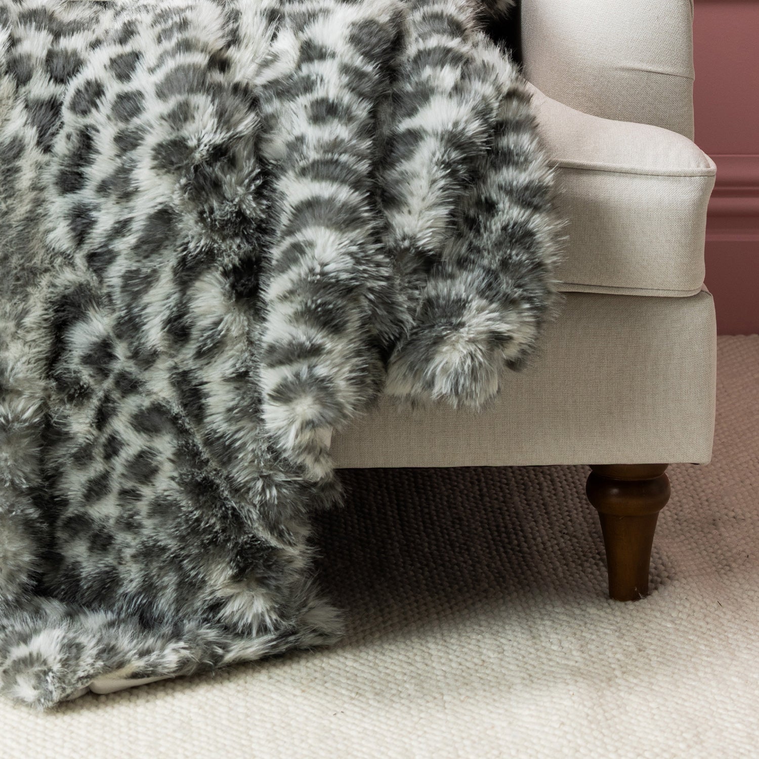 Grey faux fur blanket up close 