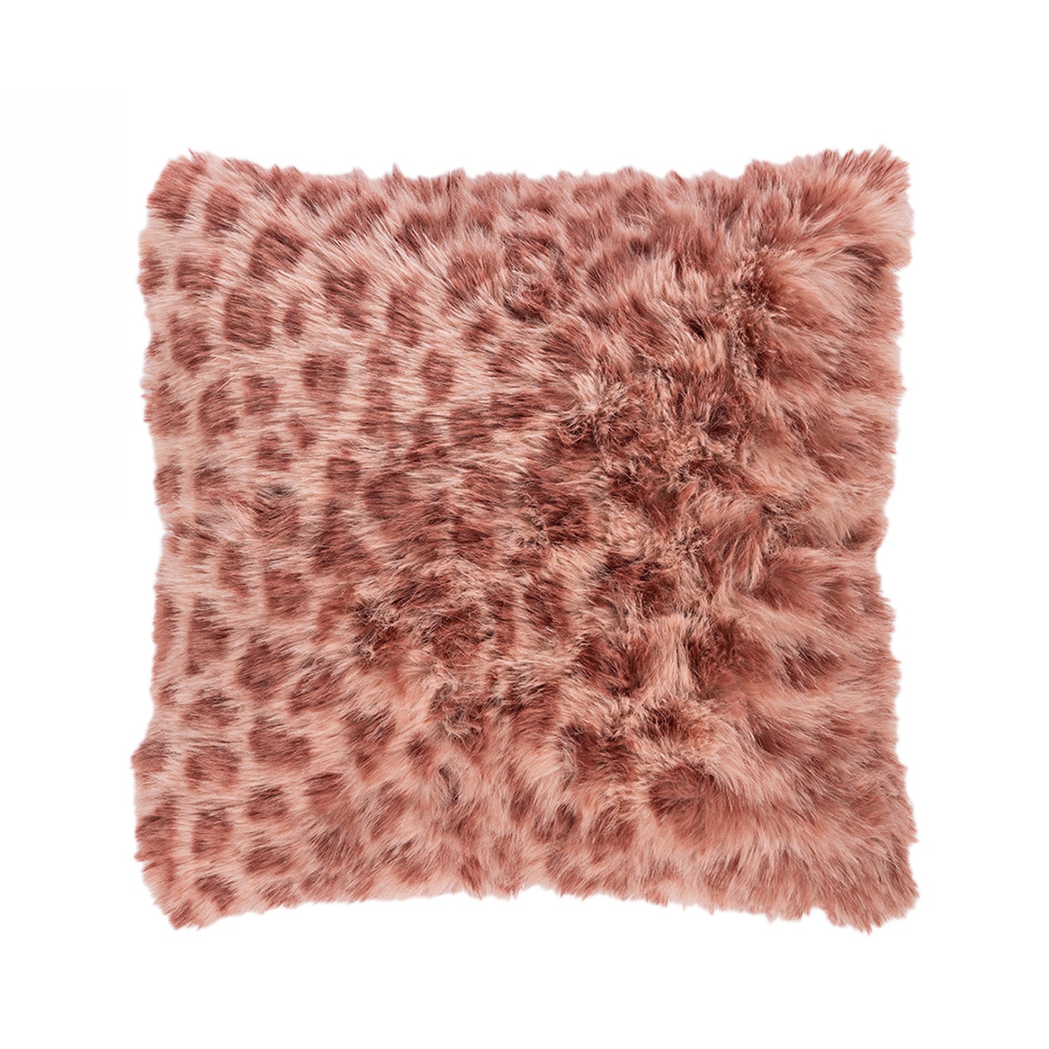 Pink faux fur cushion on a white background