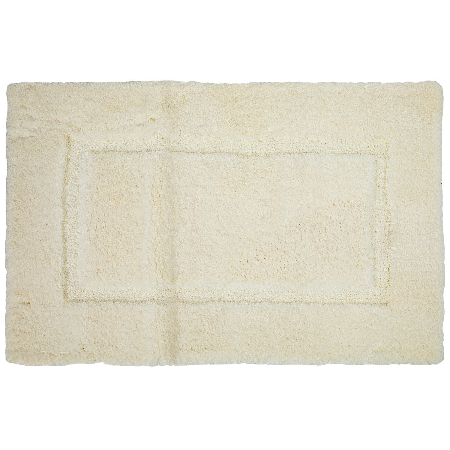 Cream bathmat featuring a plush textured finish with a subtle border design on a clean white background