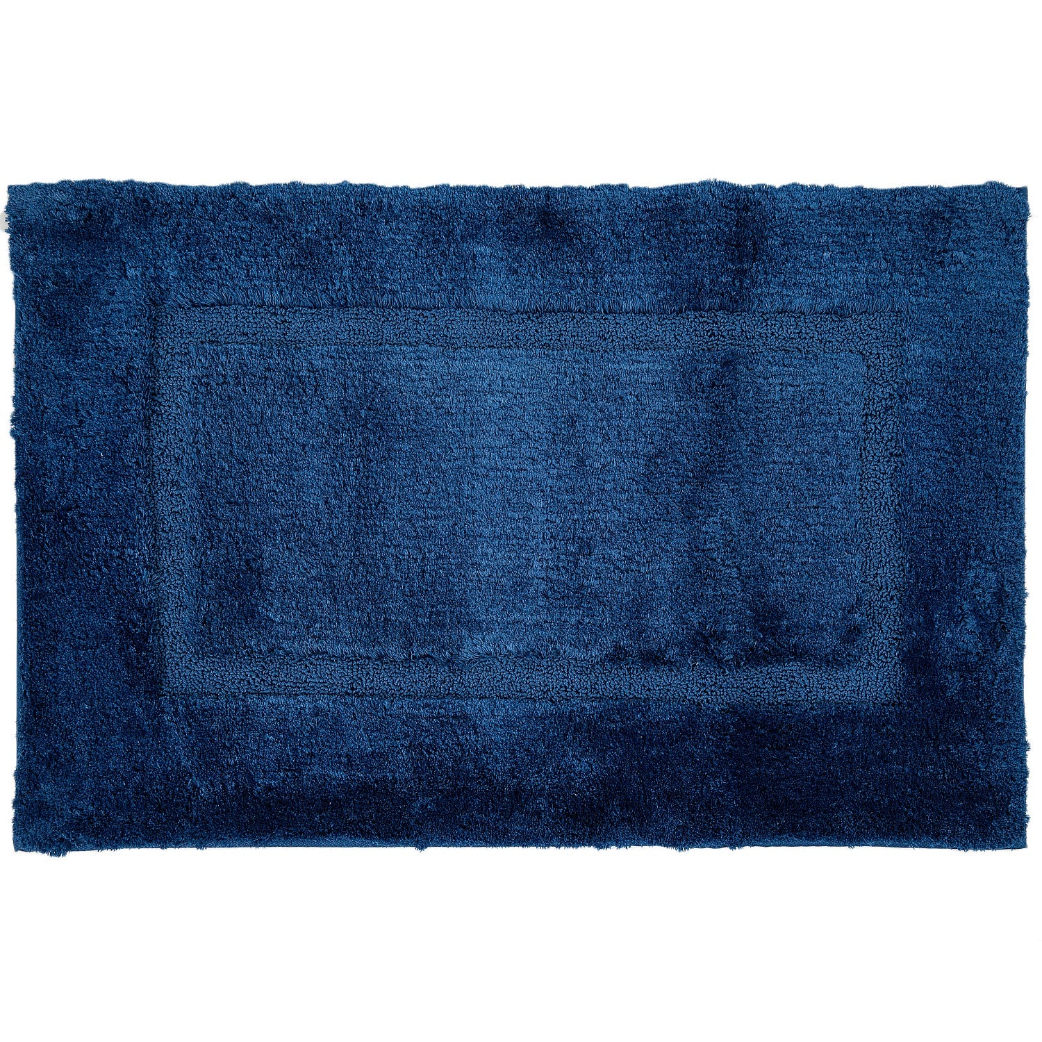 Navy bathmat featuring a plush textured finish with a subtle border design on a clean white background