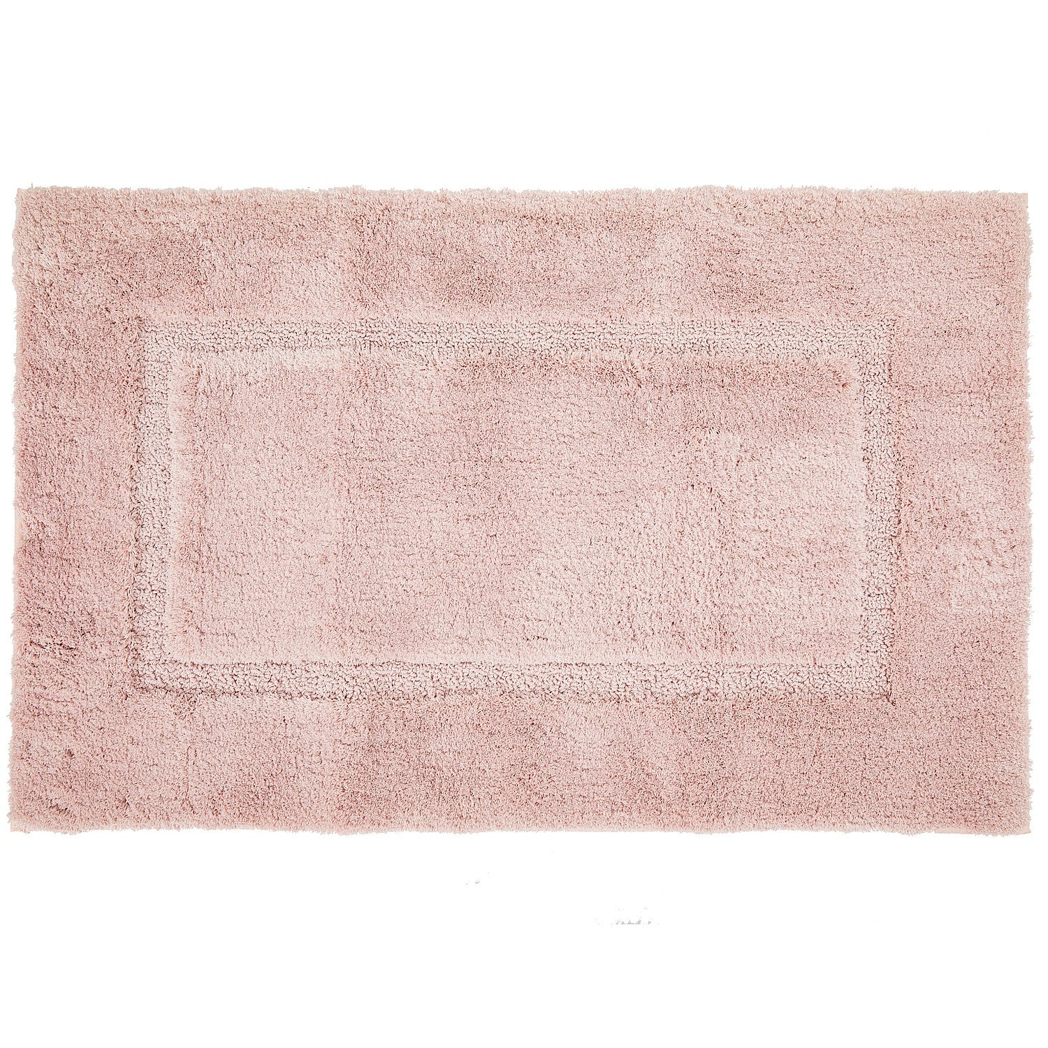 Pink bathmat featuring a plush textured finish with a subtle border design on a clean white background