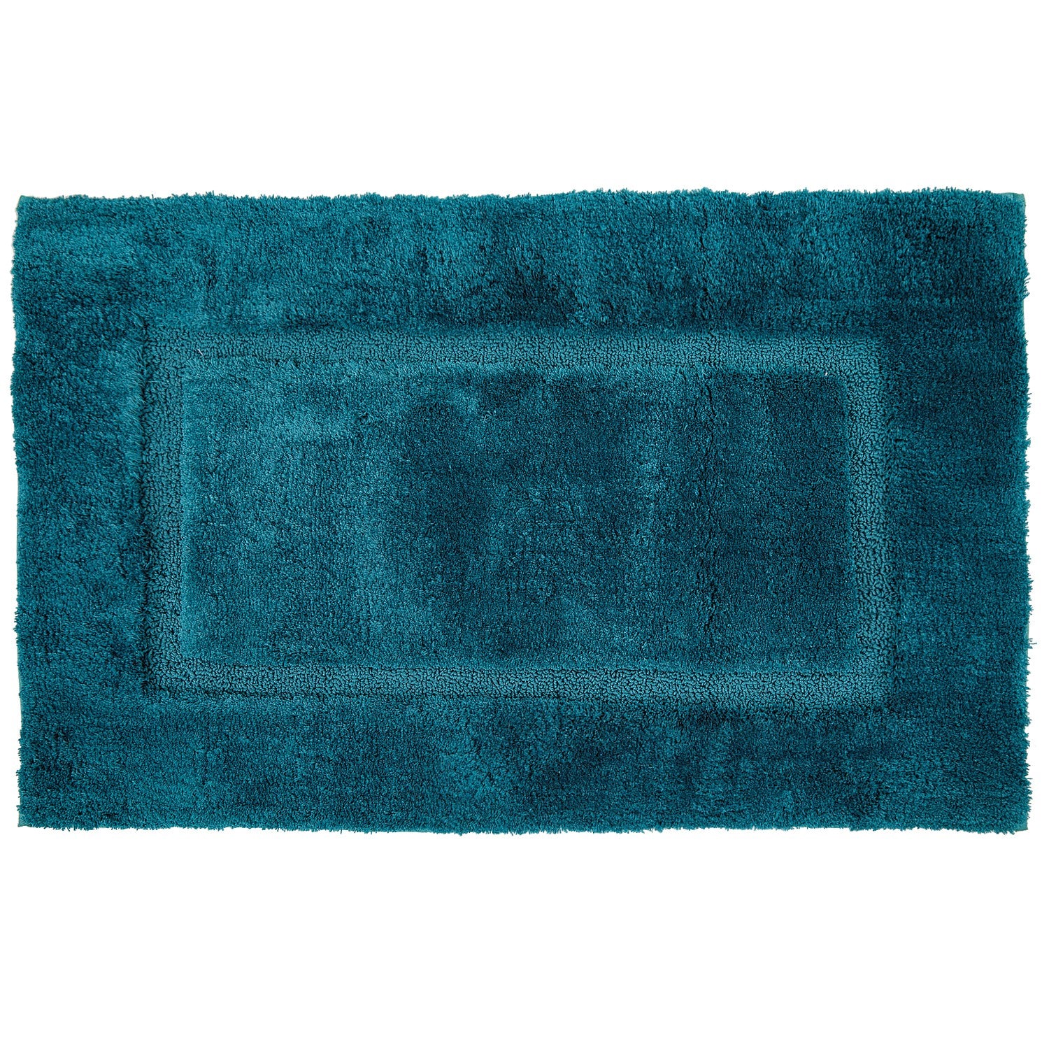 Teal bathmat featuring a plush textured finish with a subtle border design on a clean white background