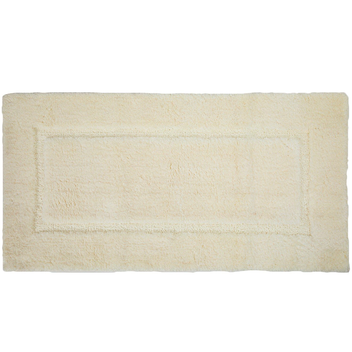 Cream bathmat with a soft plush texture and subtle rectangular border detailing.