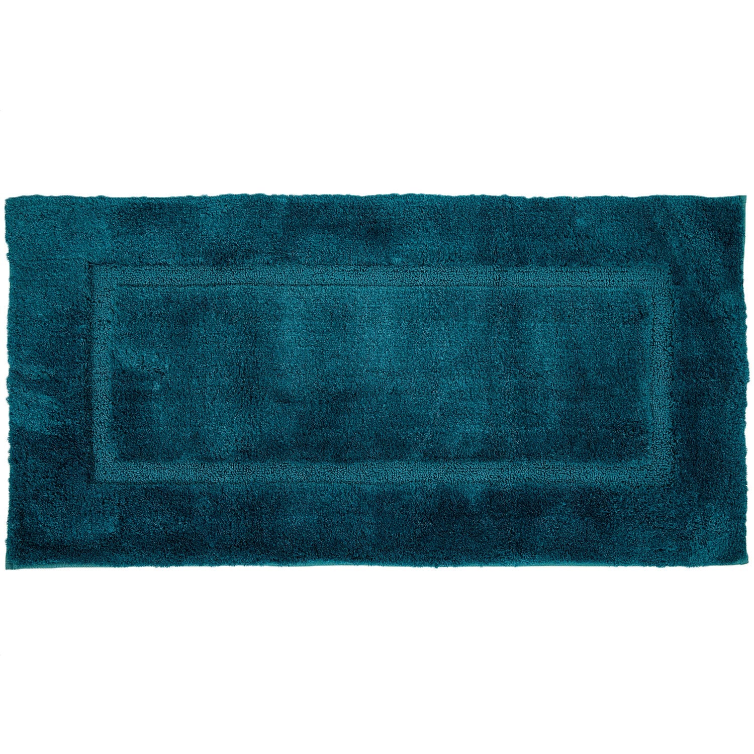 Teal bathmat with a soft plush texture and subtle rectangular border detailing.
