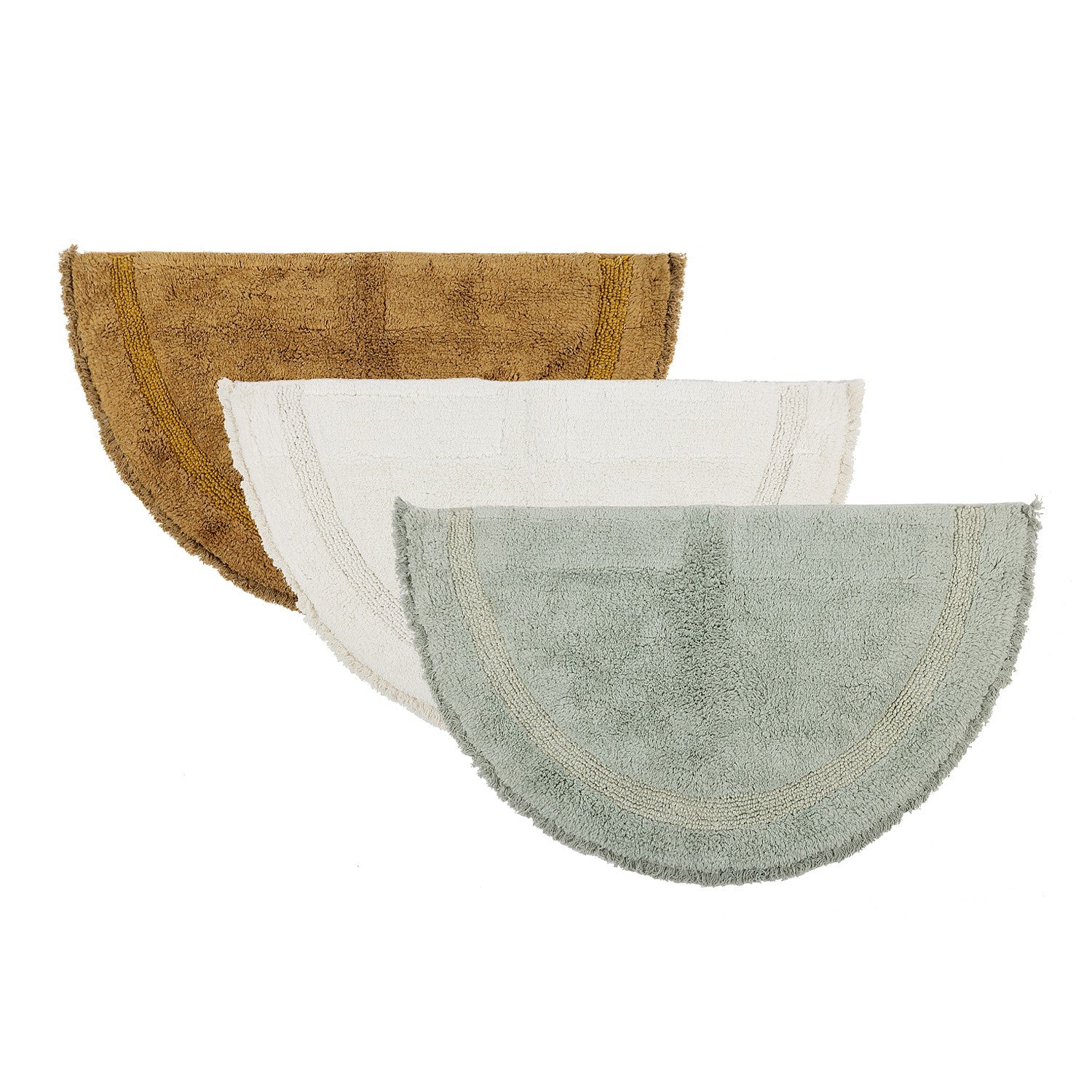 Half-moon bathmat range featuring soft textured finishes with curved contrast stripe detailing in mustard, mint, and cream colourways on a clean white background.