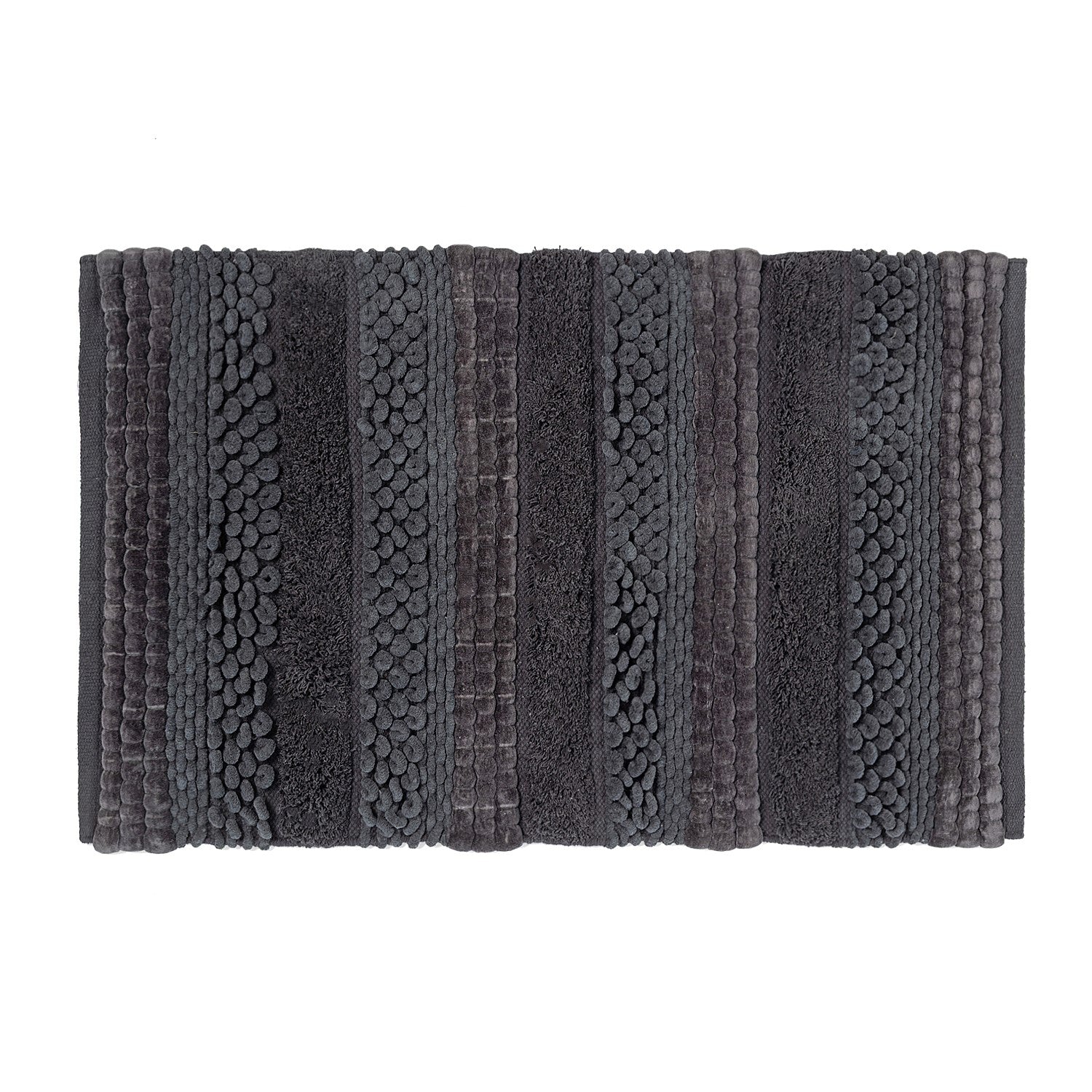 Charcoal bathmat featuring a textured stripe design with plush and bobble detailing on a clean white background.