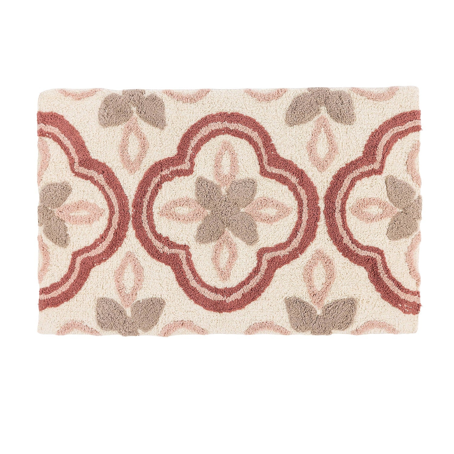 Bathmat featuring a floral tile-inspired tufted design in warm earthy tones on a clean white background.