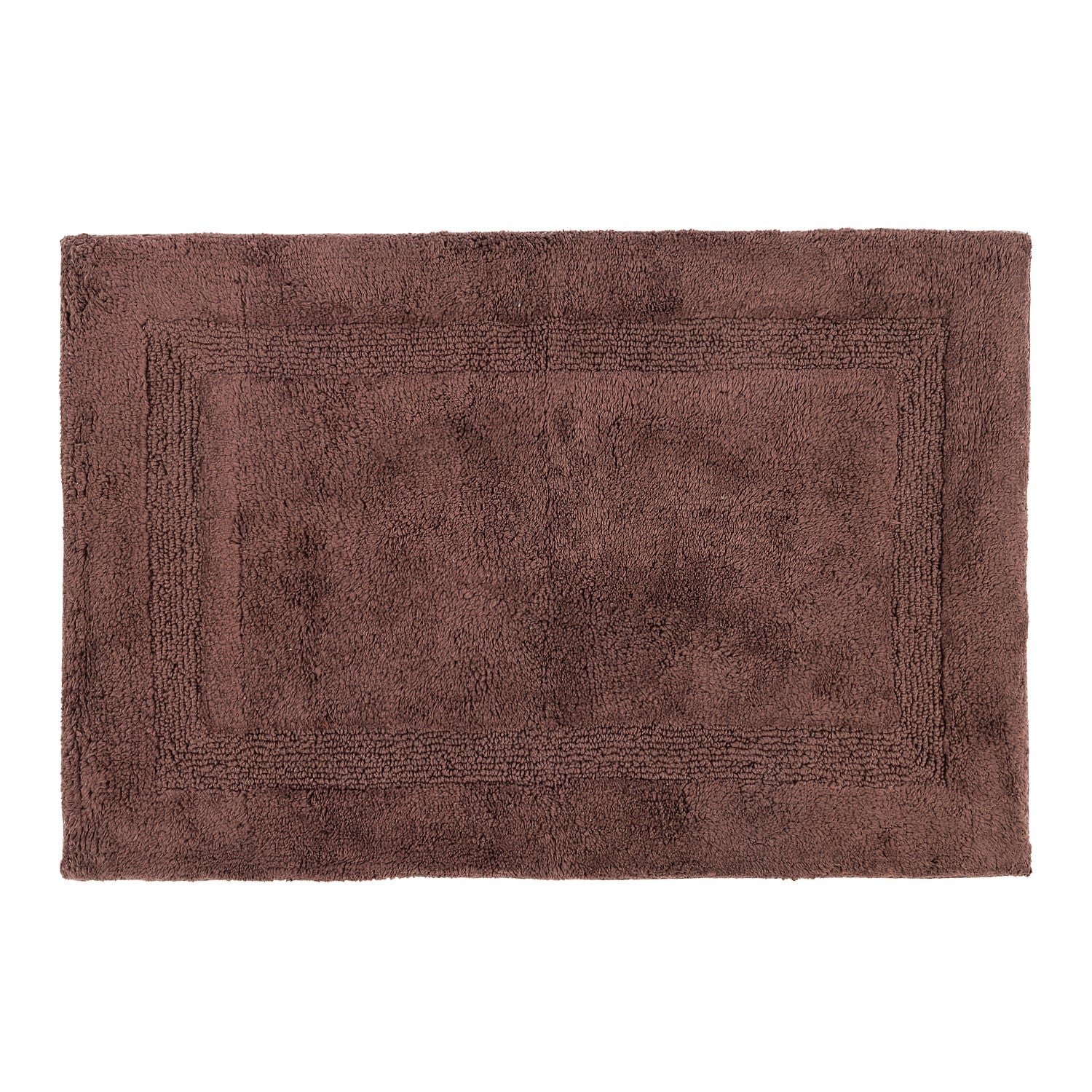 Chocolate bathmat featuring a plush textured finish with a subtle border design on a clean white background.