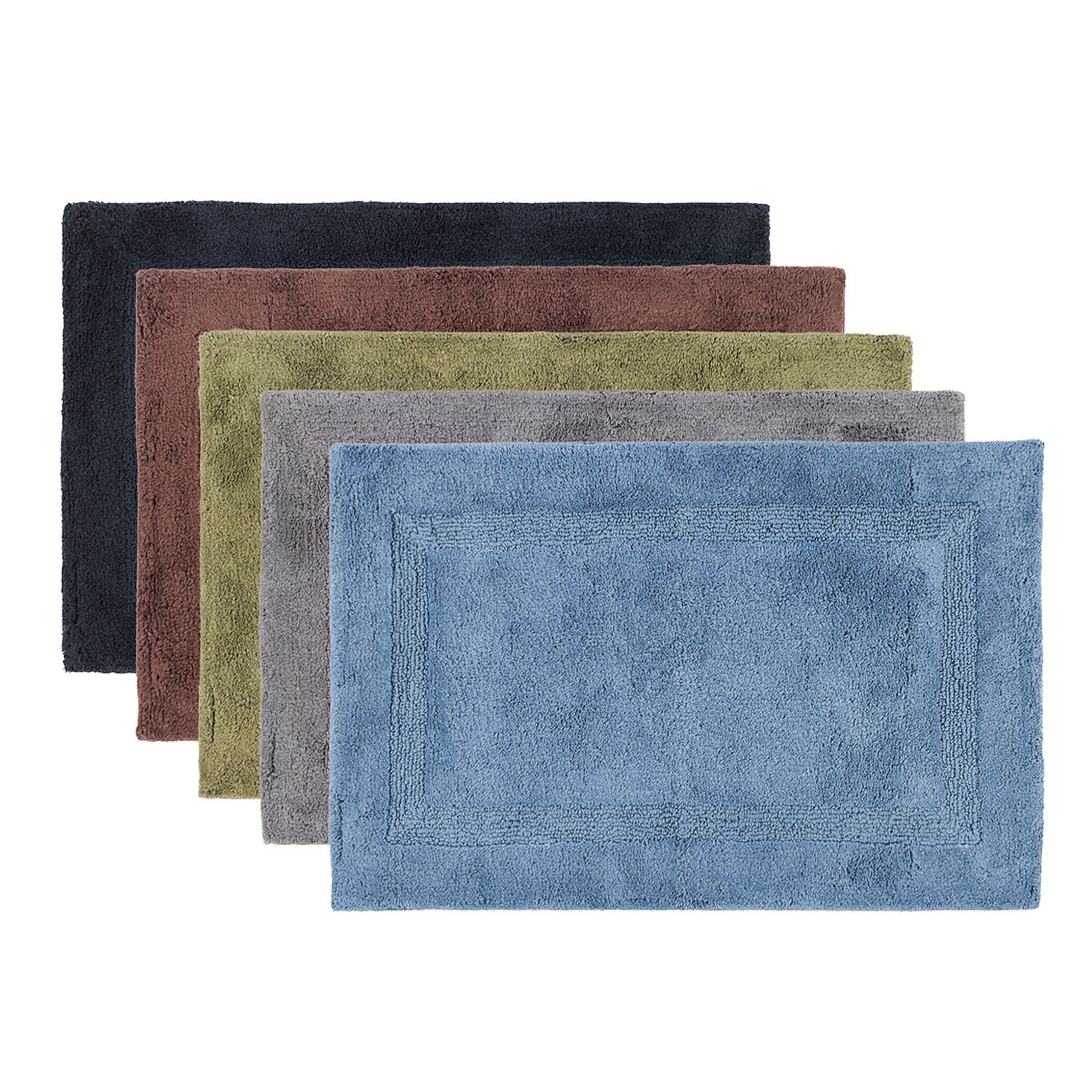 Bathmat range featuring plush textured designs in charcoal, chocolate, denim, khaki, and silver colourways on a clean white background.