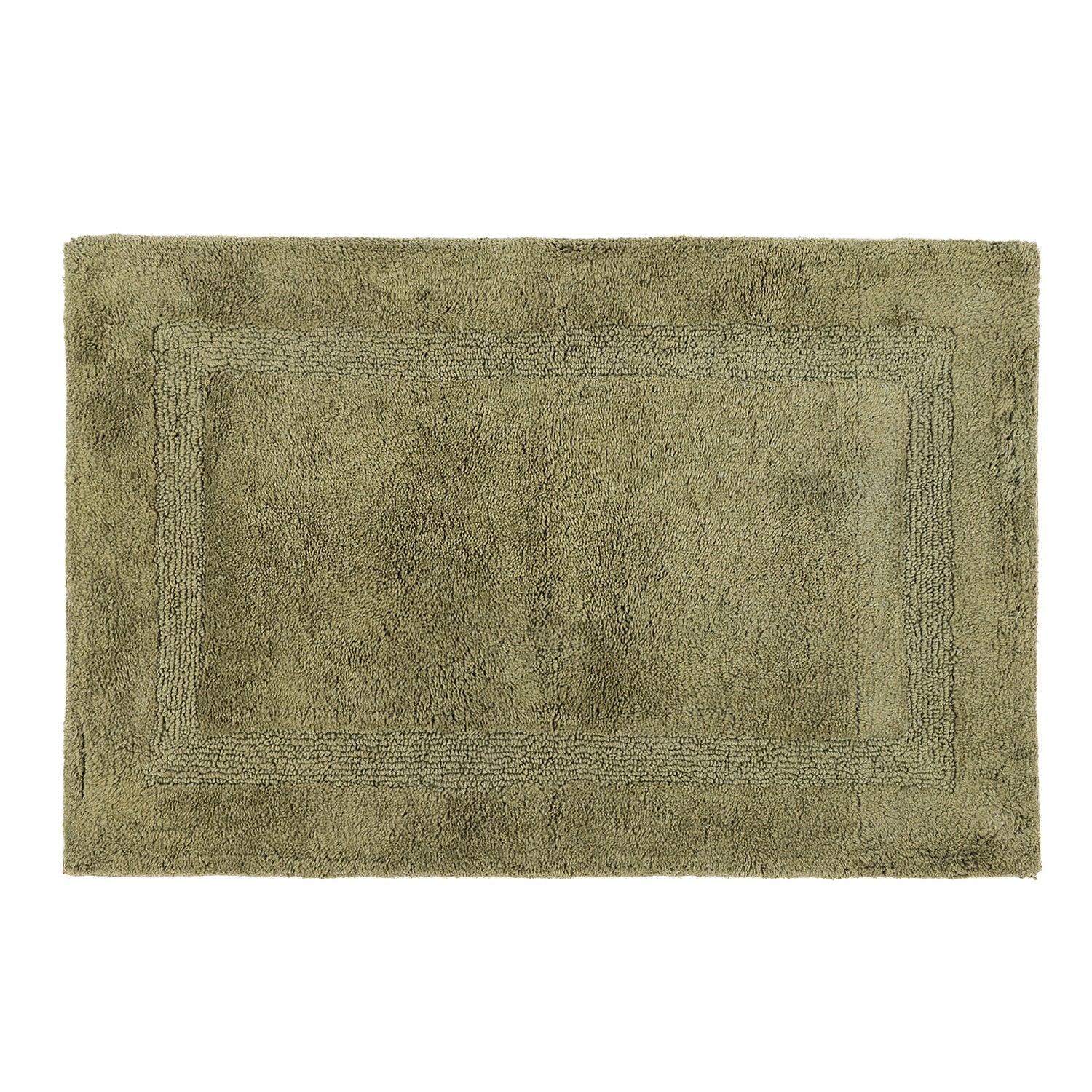 Khaki bathmat featuring a plush textured finish with a subtle border design on a clean white background.