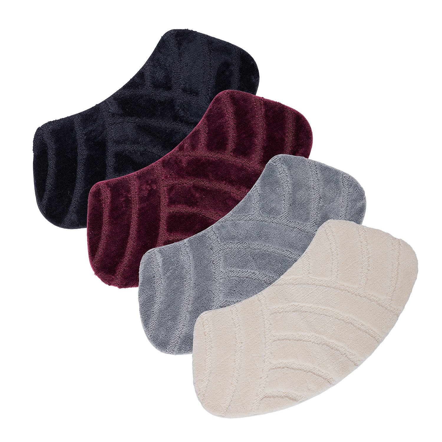 Curved shower mat range featuring plush carved geometric designs in berry, black, cream, and grey colourways on a clean white background.