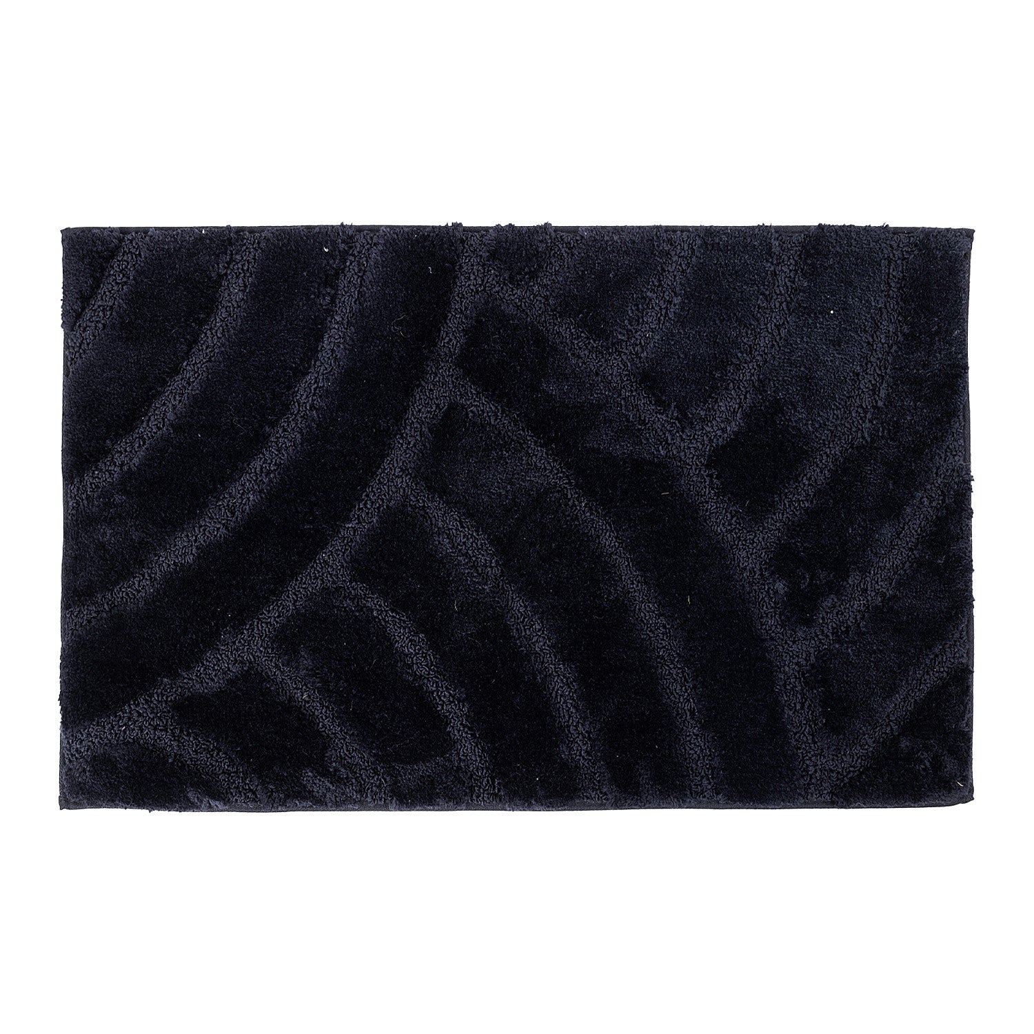 Black bathmat featuring a plush carved geometric pattern on a clean white background.