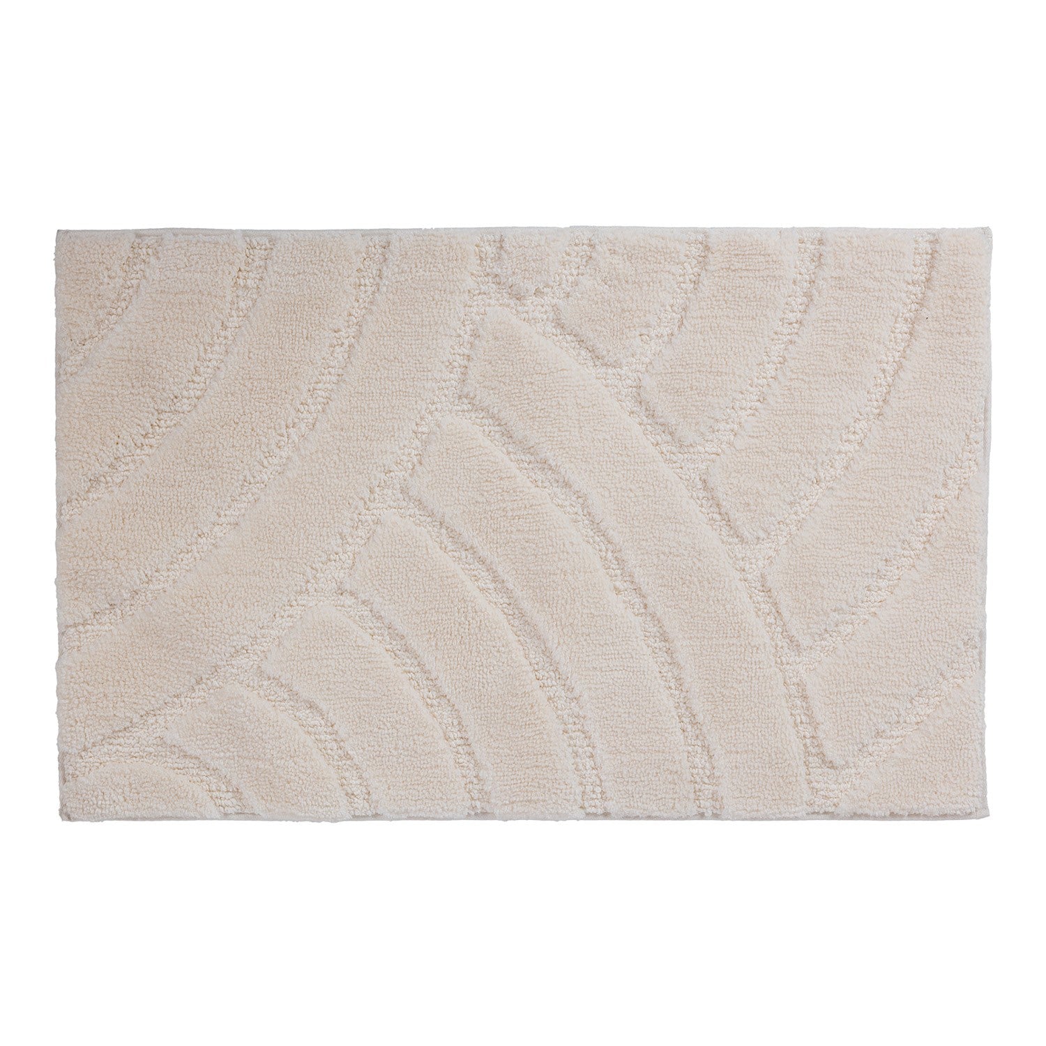 White bathmat featuring a plush carved geometric pattern on a clean white background.