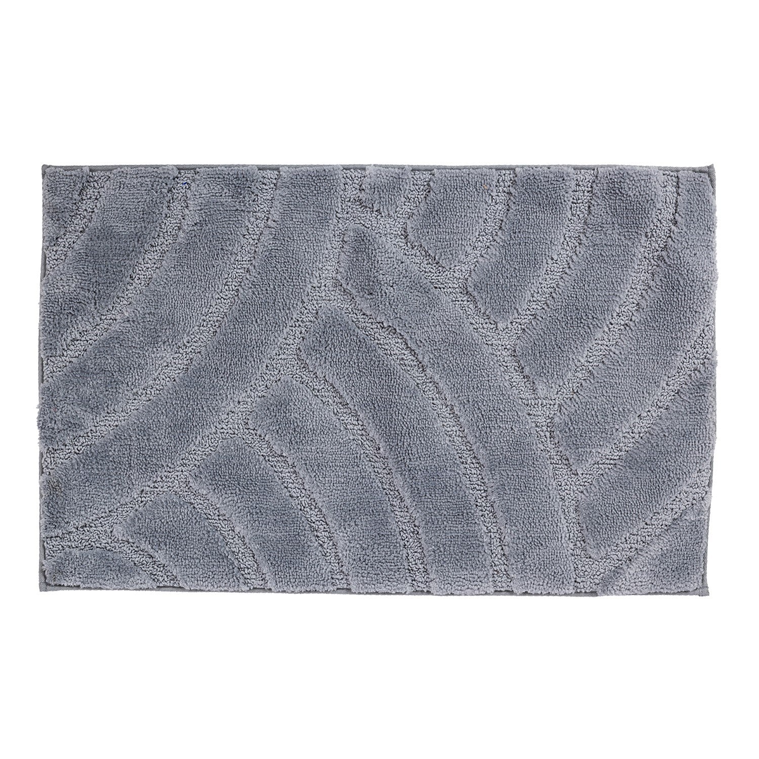 Grey bathmat featuring a plush carved geometric pattern on a clean white background.