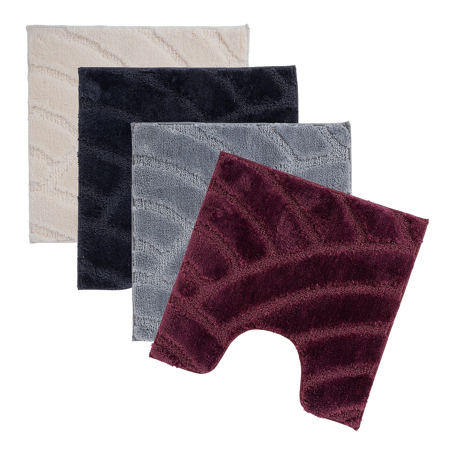 Bathmat and contour mat range featuring plush carved geometric designs in berry, black, cream, and grey colourways on a clean white background.