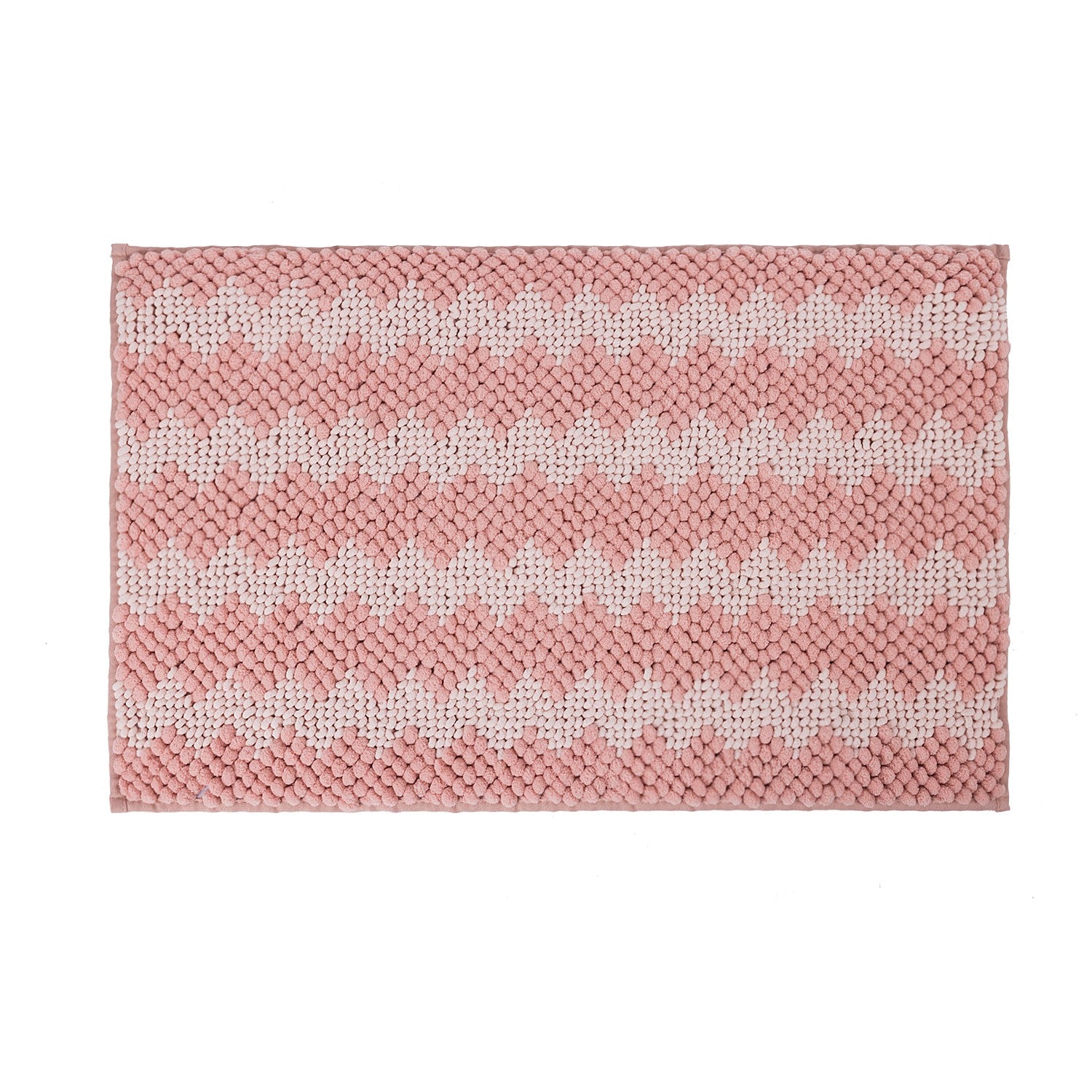 Pink bathmat featuring a soft bobble texture with a white toggle-inspired zigzag pattern on a clean white background.