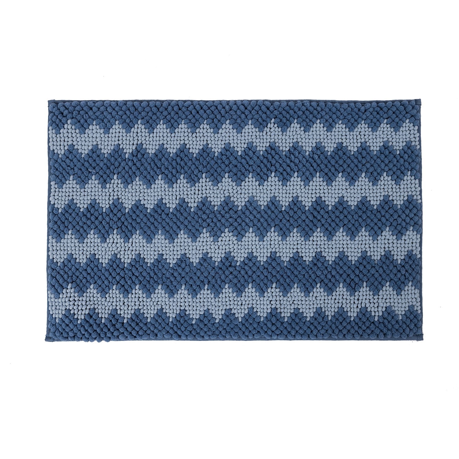 Denim bathmat featuring a soft bobble texture with a white toggle-inspired zigzag pattern on a clean white background.