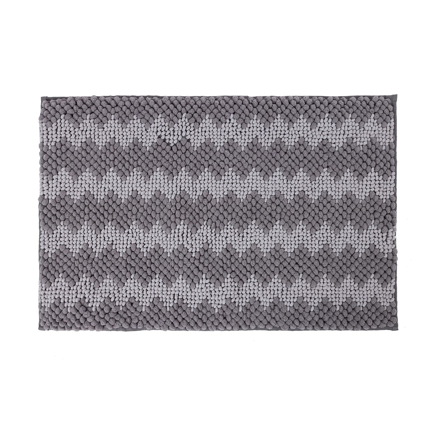 Silver bathmat featuring a soft bobble texture with a white toggle-inspired zigzag pattern on a clean white background.