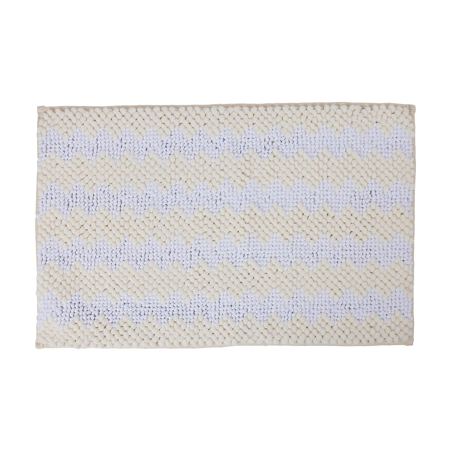white Subtle cream bathmat featuring a soft bobble texture with a white toggle-inspired zigzag pattern on a clean white background.